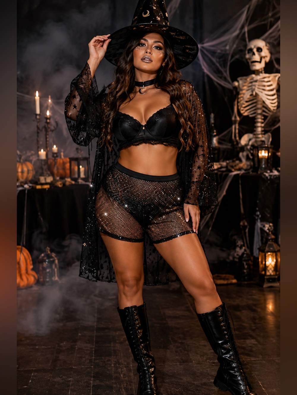 Hot & Delicious Black Rhinestone Fishnet Mesh Overlay Short Size Large Halloween